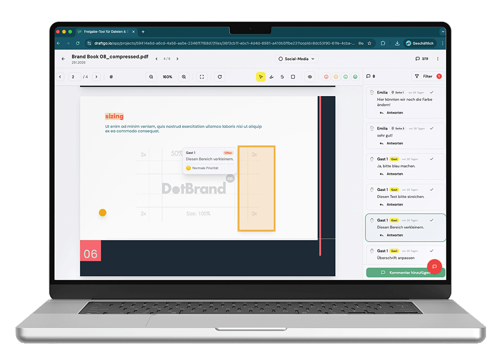 draftgo PDF-Review auf Laptop – Kommentare und Markierungen direkt im Dokument