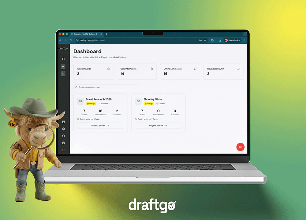 draftgo Workflow: Datei hochladen, Link teilen, Feedback sammeln