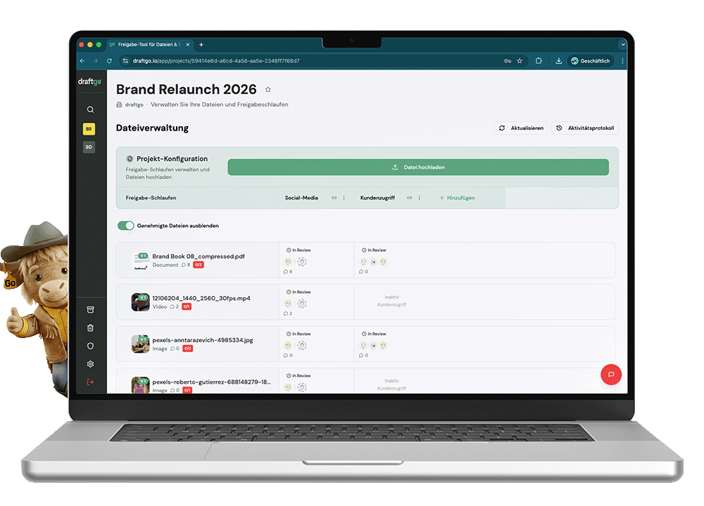 draftgo Projekt-Übersicht mit Videos, PDFs und Designs